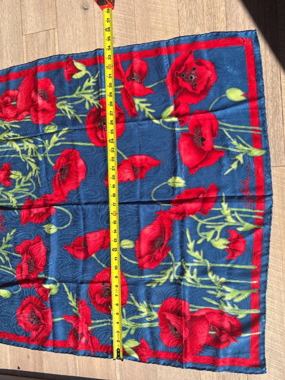 Vintage 100% Pure Silk Square Scarf Red Poppy Floral Navy Blue Hand Rolled Hem